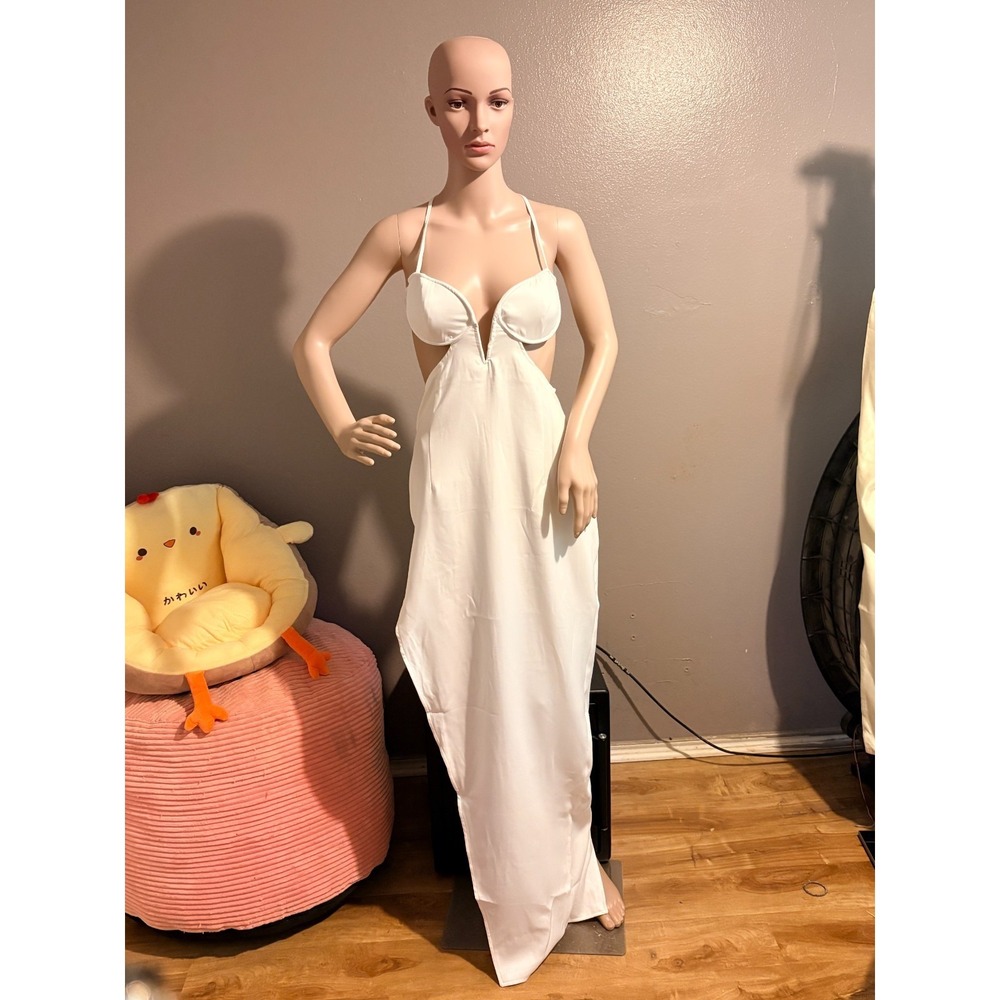 NWT- PrettyLittleThing Women's White V Bar Corset Cross Back Maxi Dress, Size 6